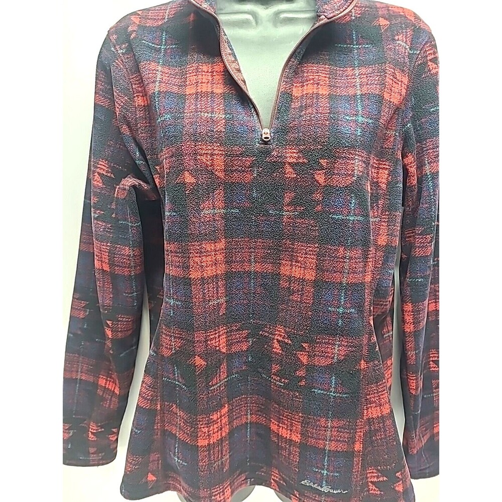 Eddie Bauer Aztec Red plaid Fleece Pull Over M Southwestern Zip Down Medium